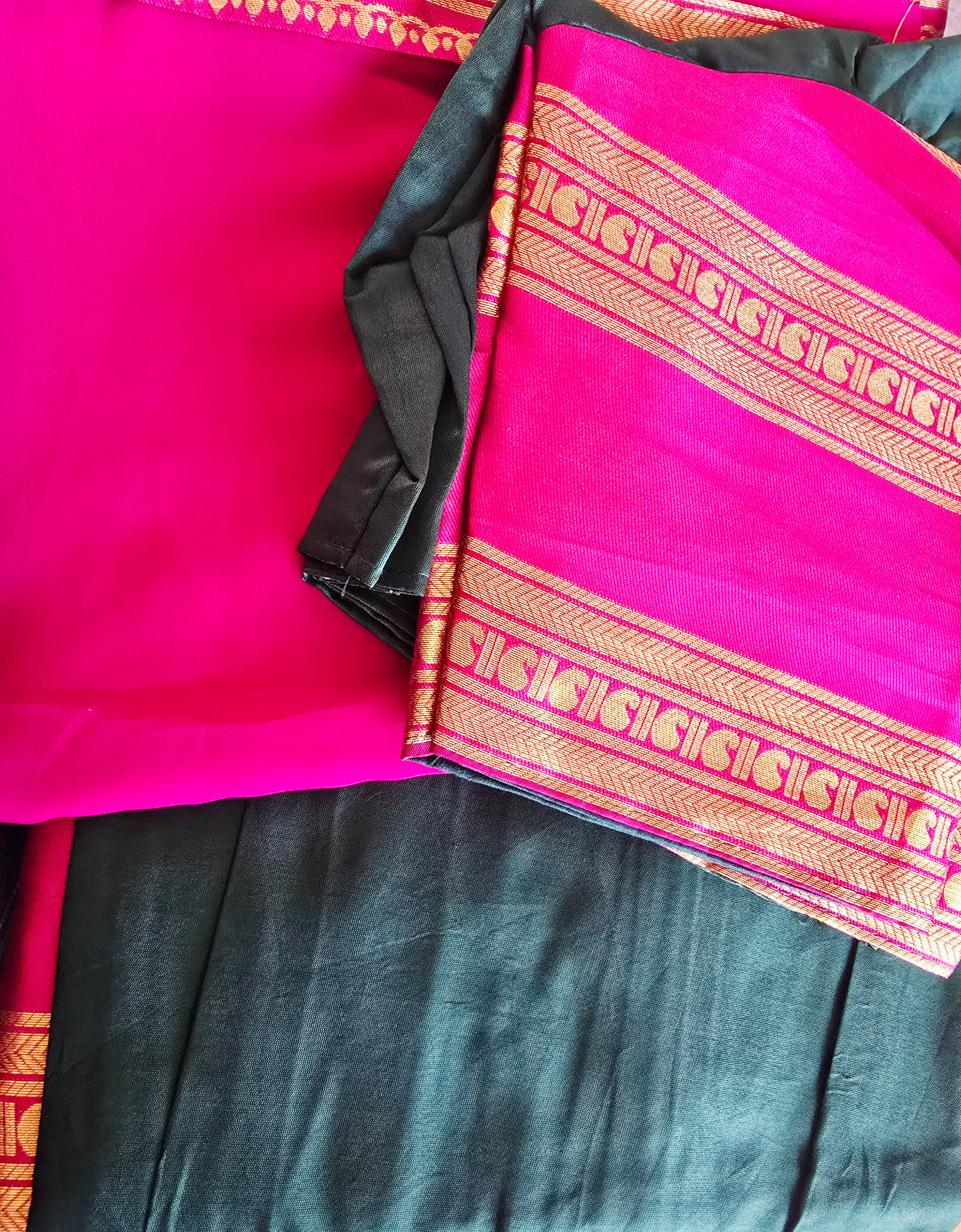 Dark green with pink silk cotton dhavani/halfsaree (fully stitched)