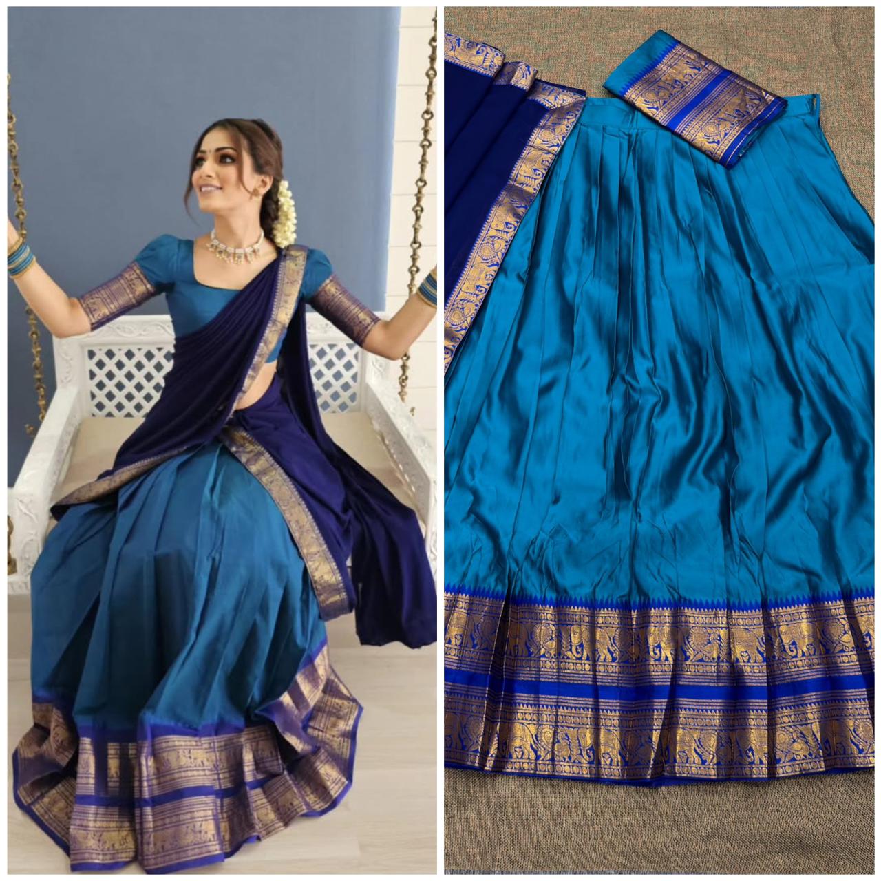 Light blue with royal blue fully stitched dhavani/halfsaree