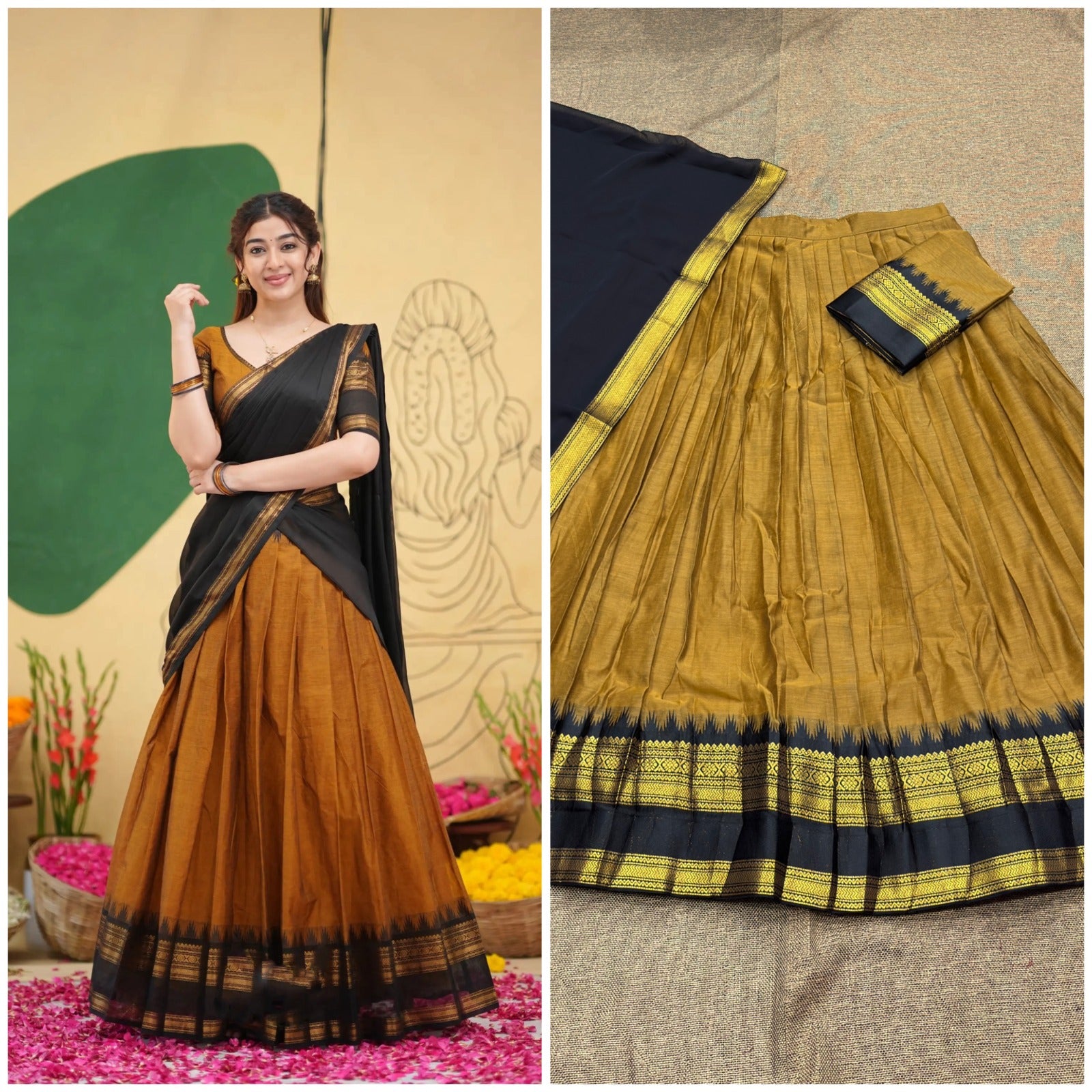 Light brown with black fully stitched dhavani/halfsaree